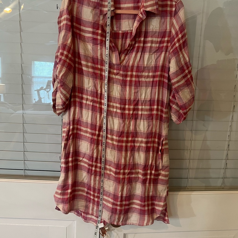 Pink plaid mini shirt dress. Cozy casual